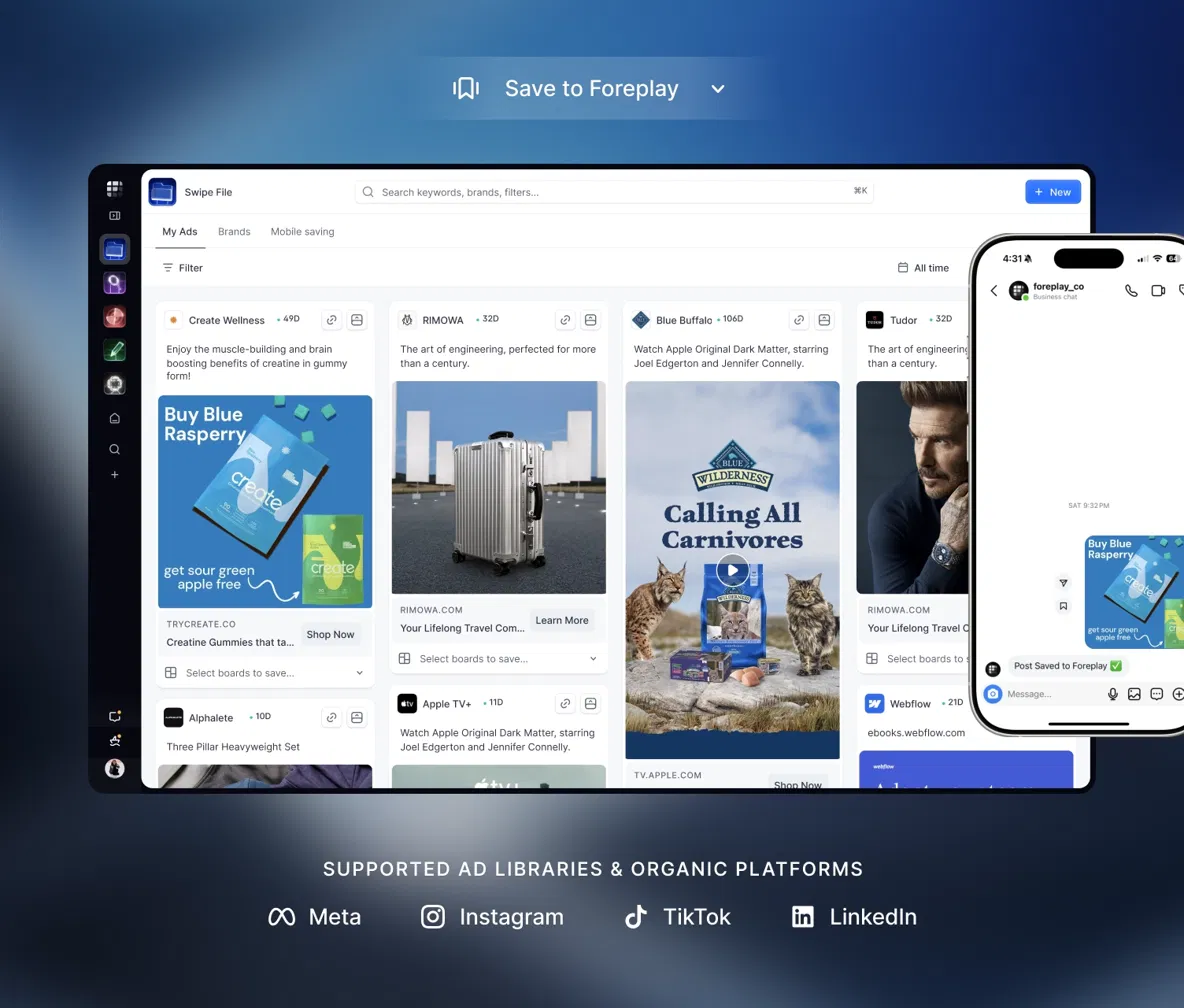 Foreplay Swipe File board with saved Meta, Instagram, TikTok and LinkedIn ads